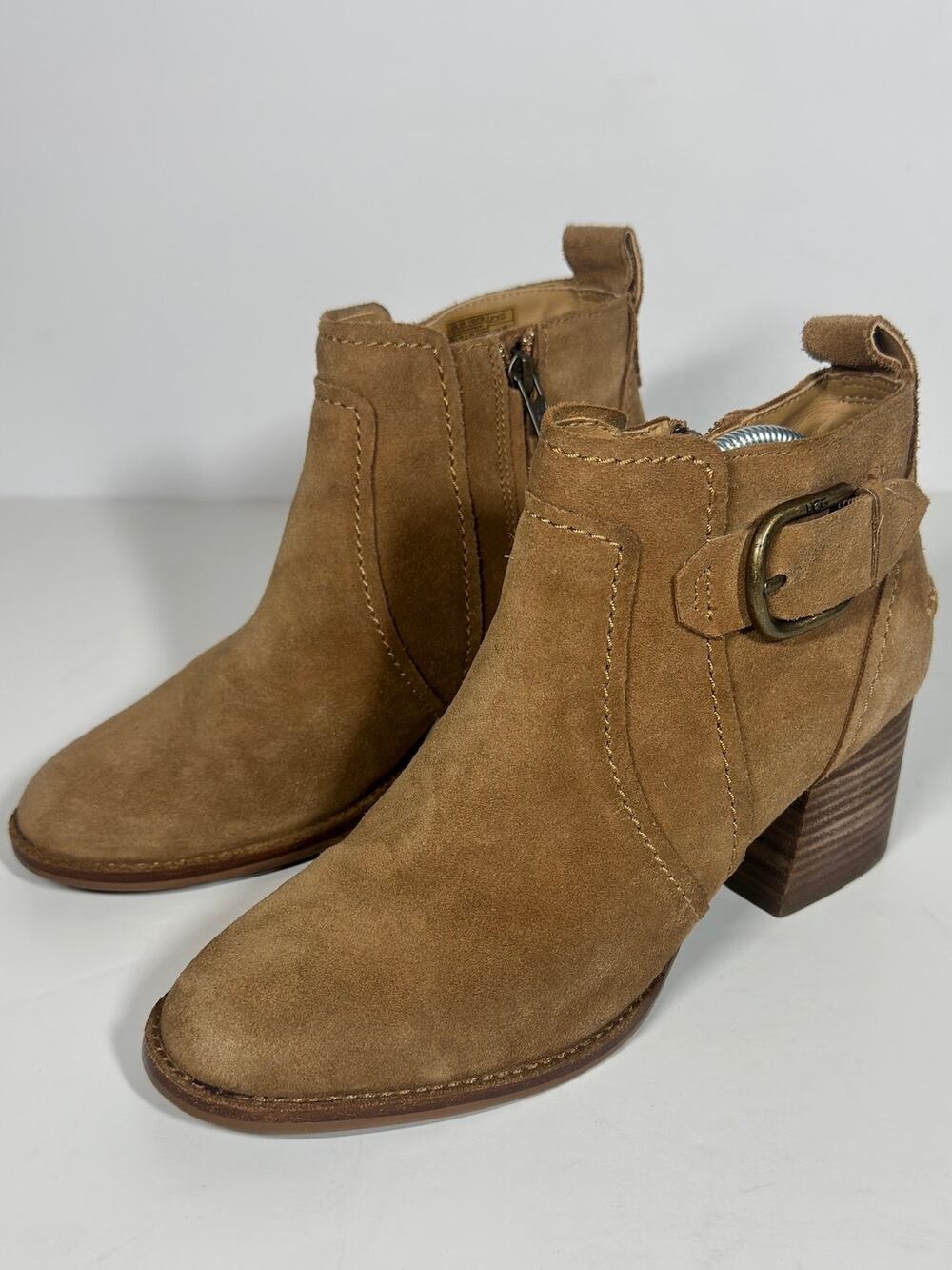 UGG Leahy Ankle Booties Chestnut Suede Block Heel Boots Buckle Zip Womens 8.5